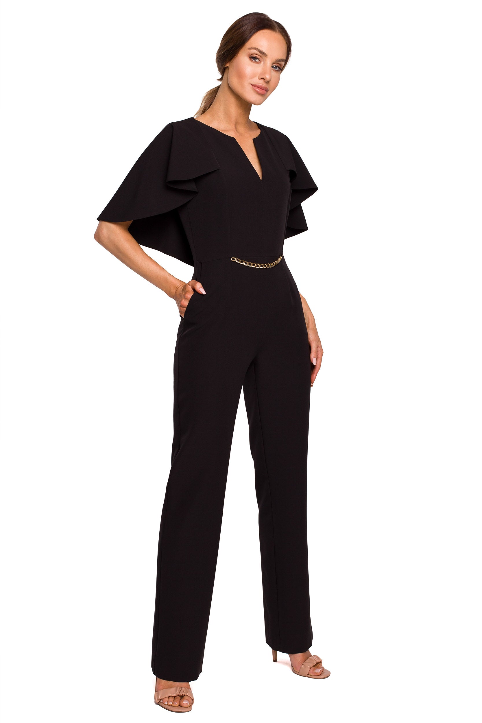 STRAIGHT NECK CAPE JUMPSUIT - Ecru